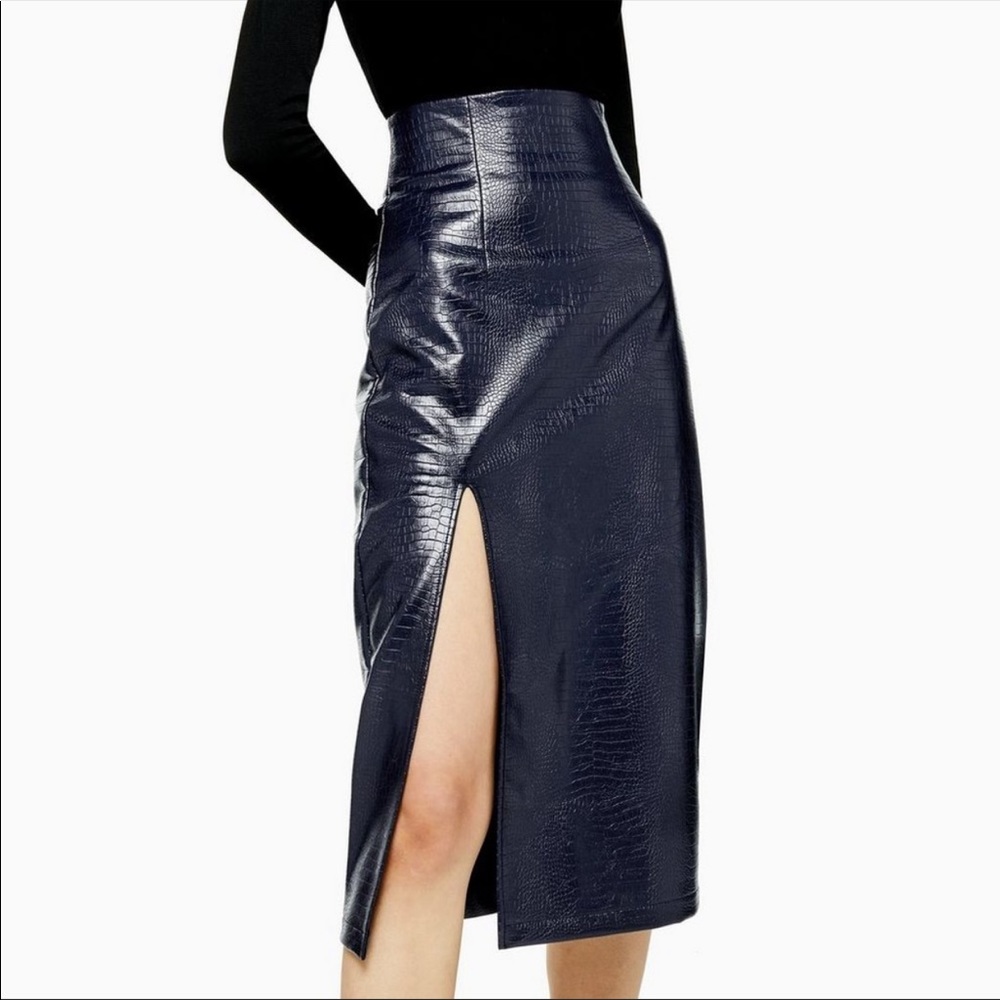 Navy Blue Croc Faux Leather Midi Skirt!